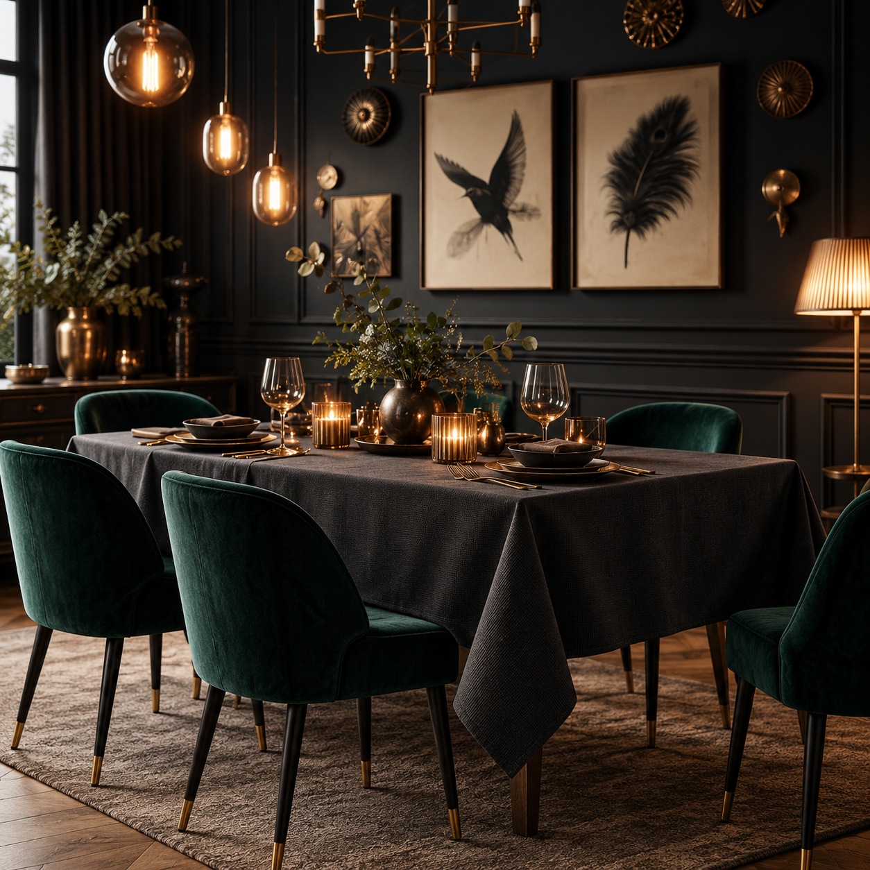Esszimmer mit gedecktem Tisch und grünen Samtstühlen
